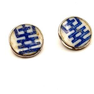 Vintage 90s Sterling Silver Blue White Porcelain Double Happiness Earrings